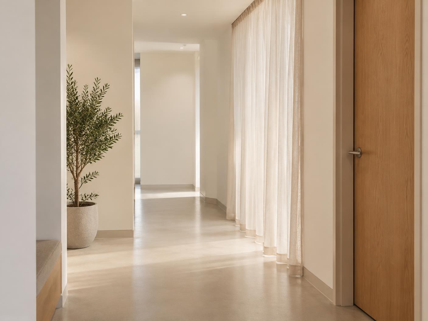 Couloir lumineux menant aux salles de soins